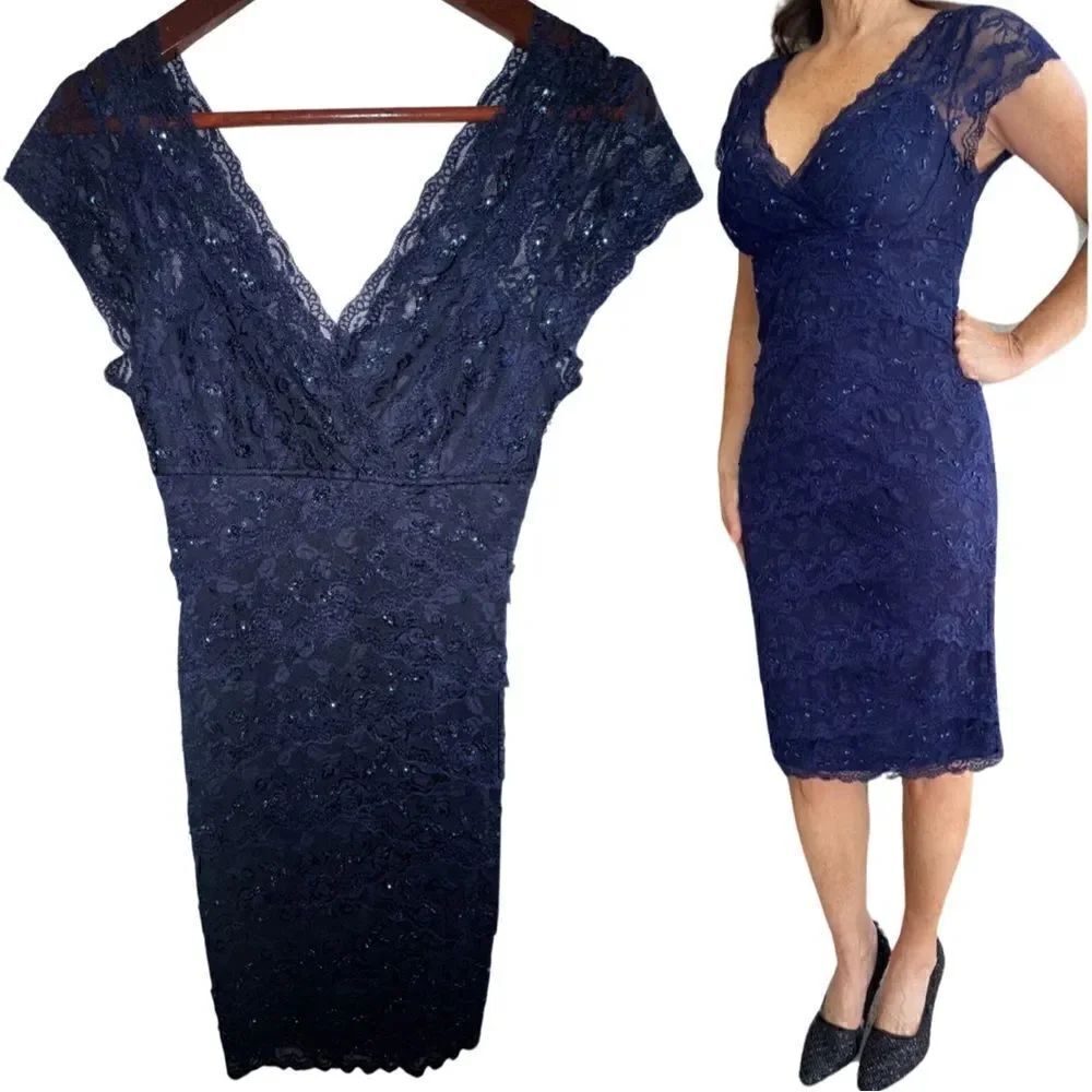 MARINA Dress Blue Sequin Lace V Neck Short Sleeve Bodycon Stretch Size 2